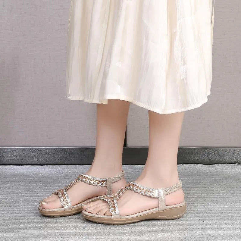 Comfortable Summer Women Sandals Rhinestone Casual Flat Shoes Bohemian Style Beach Shoes