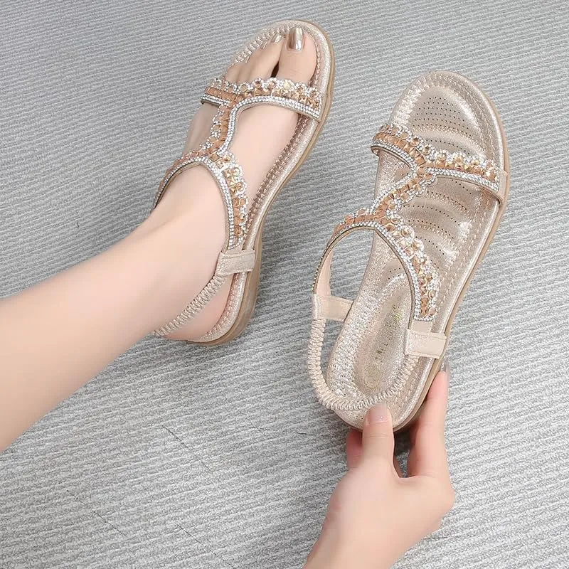 Comfortable Summer Women Sandals Rhinestone Casual Flat Shoes Bohemian Style Beach Shoes