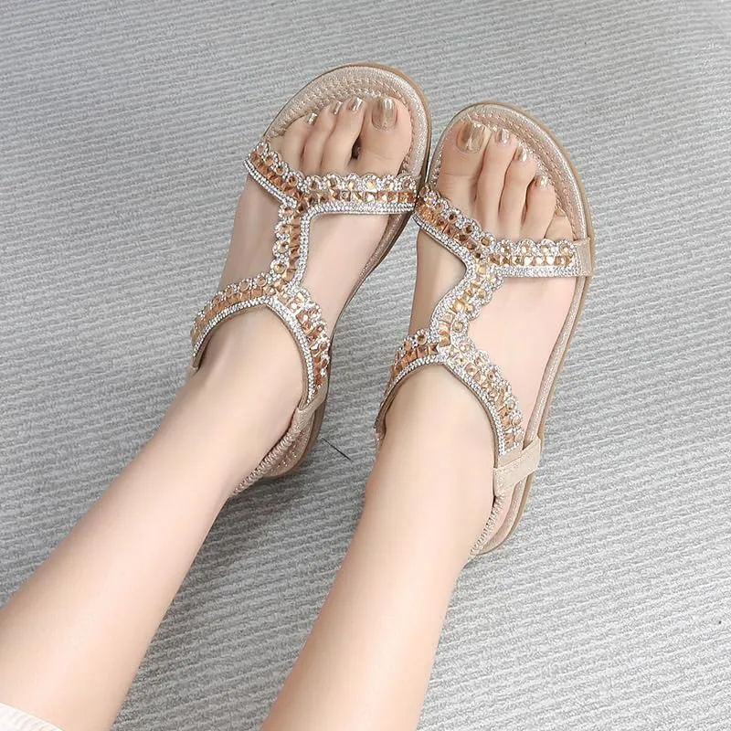 Comfortable Summer Women Sandals Rhinestone Casual Flat Shoes Bohemian Style Beach Shoes