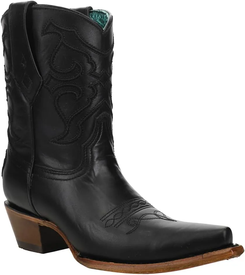 Corral Boots Womens Black Embroidery Snip Toe Casual Boots Ankle Mid Heel 2-3" - Black