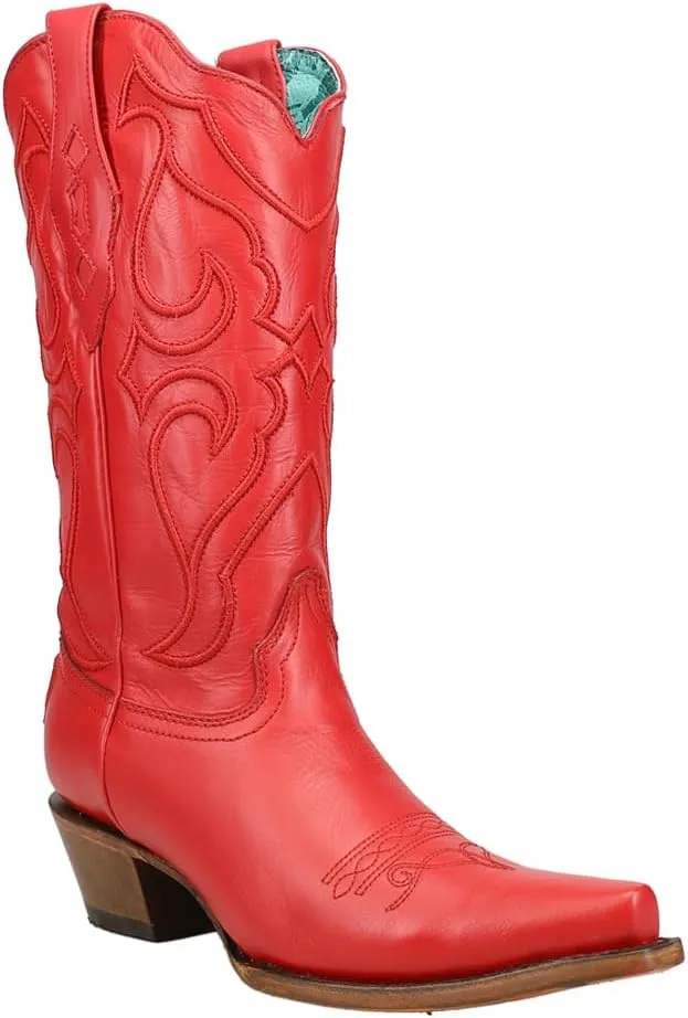 CORRAL LADIE'S RED MATCHING STITCH PATTERN & INLAY PULLSTRAPS SNIP TOE, SNIP TOE, LEATHER SOLE, WESTERN, Z5073
