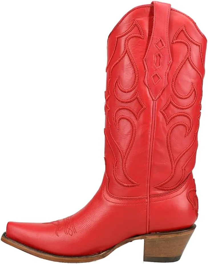 CORRAL LADIE'S RED MATCHING STITCH PATTERN & INLAY PULLSTRAPS SNIP TOE, SNIP TOE, LEATHER SOLE, WESTERN, Z5073