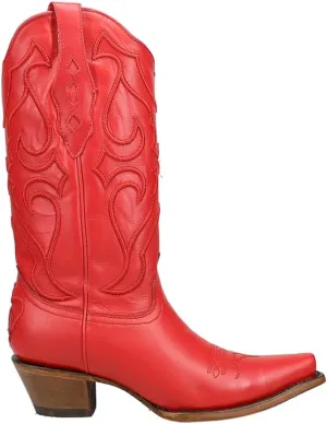 CORRAL LADIE'S RED MATCHING STITCH PATTERN & INLAY PULLSTRAPS SNIP TOE, SNIP TOE, LEATHER SOLE, WESTERN, Z5073