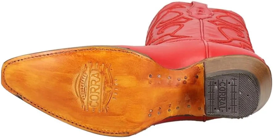 CORRAL LADIE'S RED MATCHING STITCH PATTERN & INLAY PULLSTRAPS SNIP TOE, SNIP TOE, LEATHER SOLE, WESTERN, Z5073