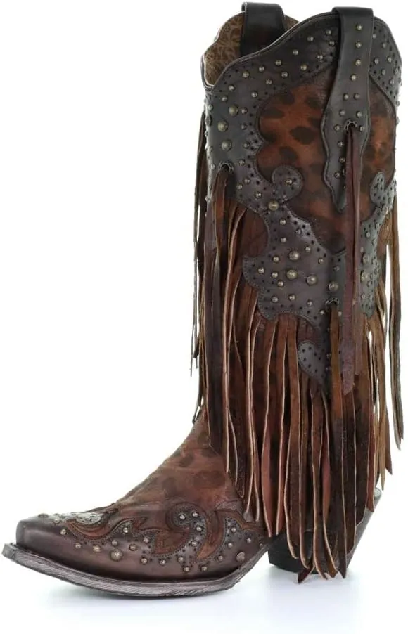 CORRAL Women's A3618 13" Leopard Stud and Fringe Snip Toe Handmade Pull-On Fashionable Leather Western Cowboy/Cowgirl Boots