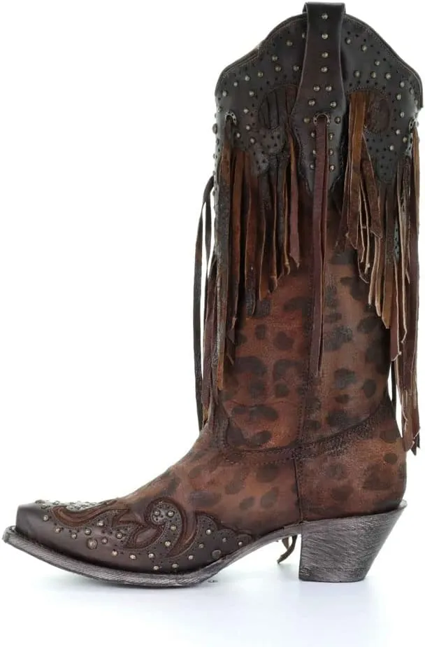 CORRAL Women's A3618 13" Leopard Stud and Fringe Snip Toe Handmade Pull-On Fashionable Leather Western Cowboy/Cowgirl Boots