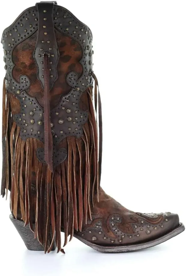 CORRAL Women's A3618 13" Leopard Stud and Fringe Snip Toe Handmade Pull-On Fashionable Leather Western Cowboy/Cowgirl Boots
