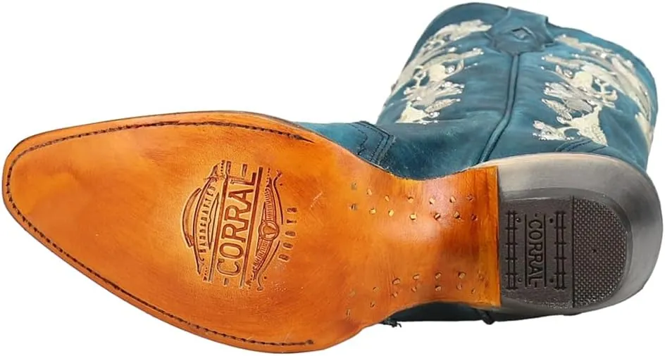 CORRAL Women's A4361 Navy Blue Studs & Floral Embroidery & Crystals Boots