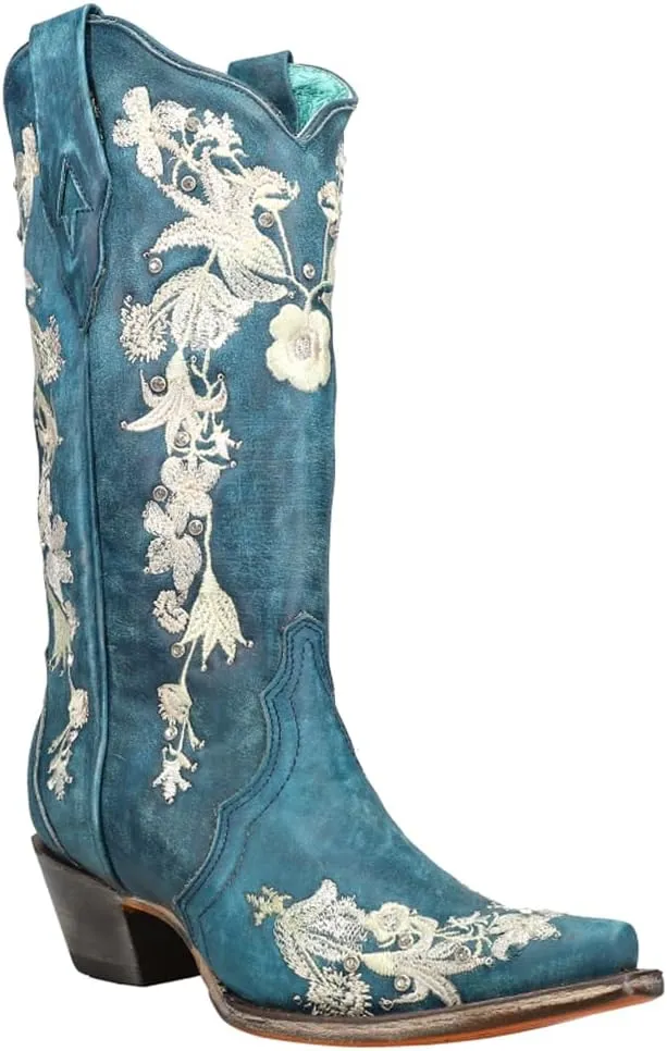 CORRAL Women's A4361 Navy Blue Studs & Floral Embroidery & Crystals Boots