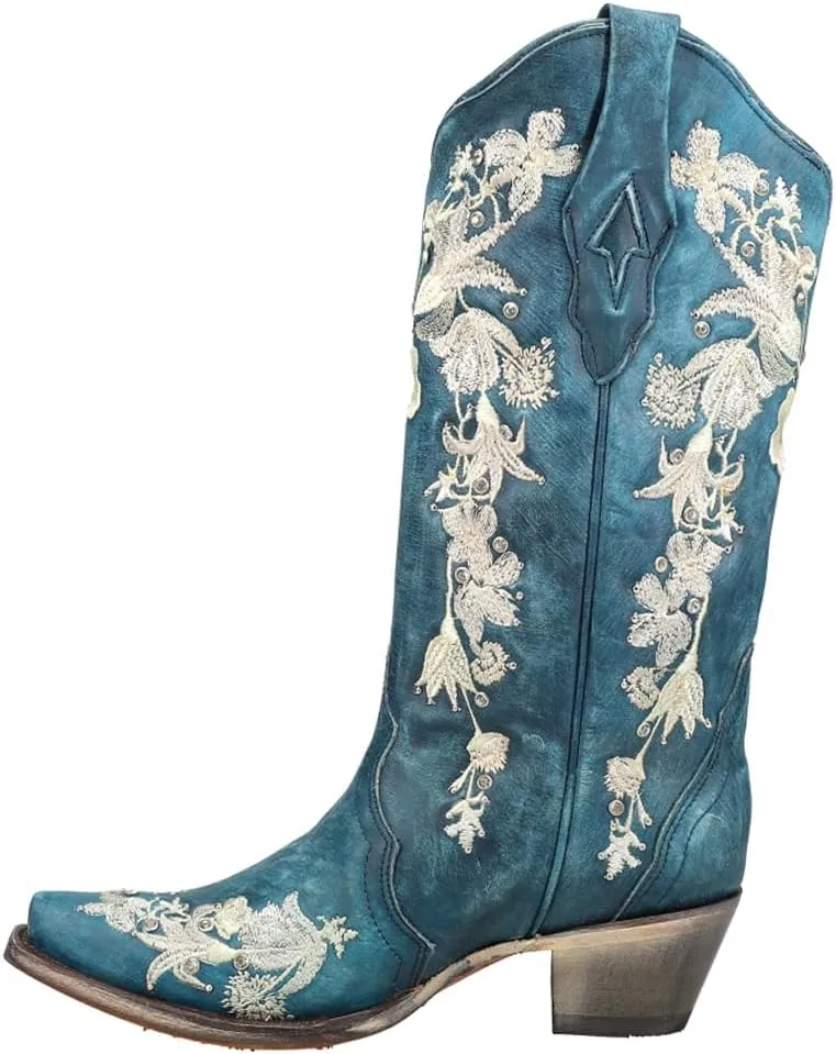 CORRAL Women's A4361 Navy Blue Studs & Floral Embroidery & Crystals Boots