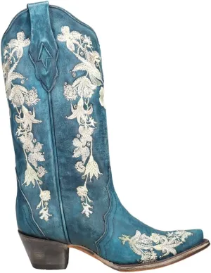 CORRAL Women's A4361 Navy Blue Studs & Floral Embroidery & Crystals Boots