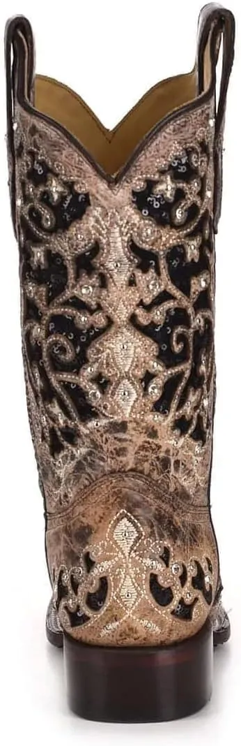 CORRAL Women's White Glitter and Crystals Cowgirl Boot Square Toe - A3397