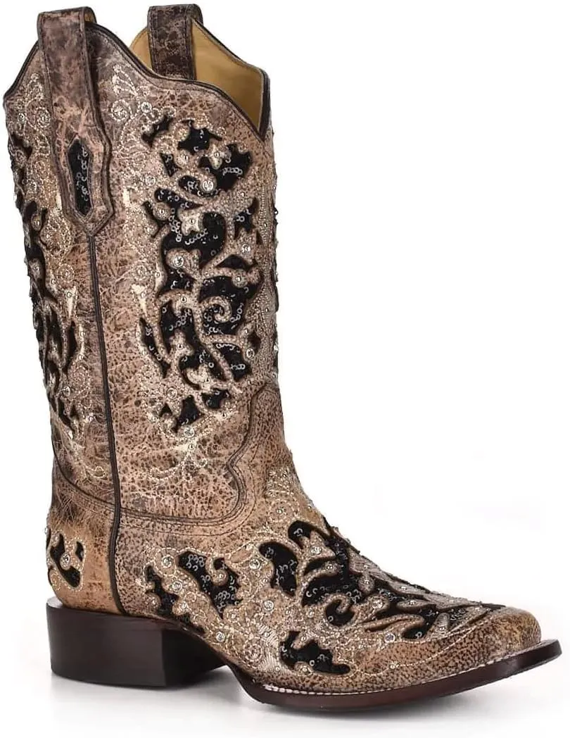 CORRAL Women's White Glitter and Crystals Cowgirl Boot Square Toe - A3397