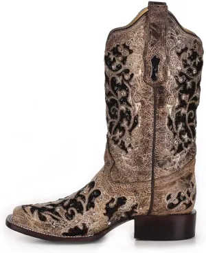 CORRAL Women's White Glitter and Crystals Cowgirl Boot Square Toe - A3397