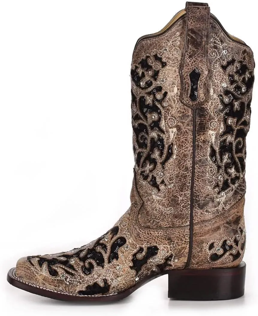 CORRAL Women's White Glitter and Crystals Cowgirl Boot Square Toe - A3397
