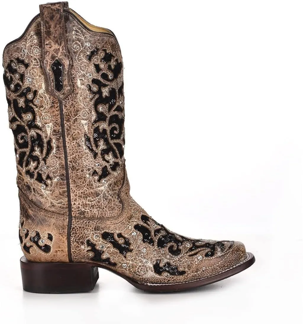CORRAL Women's White Glitter and Crystals Cowgirl Boot Square Toe - A3397