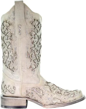 CORRAL Women's White Glitter and Crystals Cowgirl Boot Square Toe White 6 M US