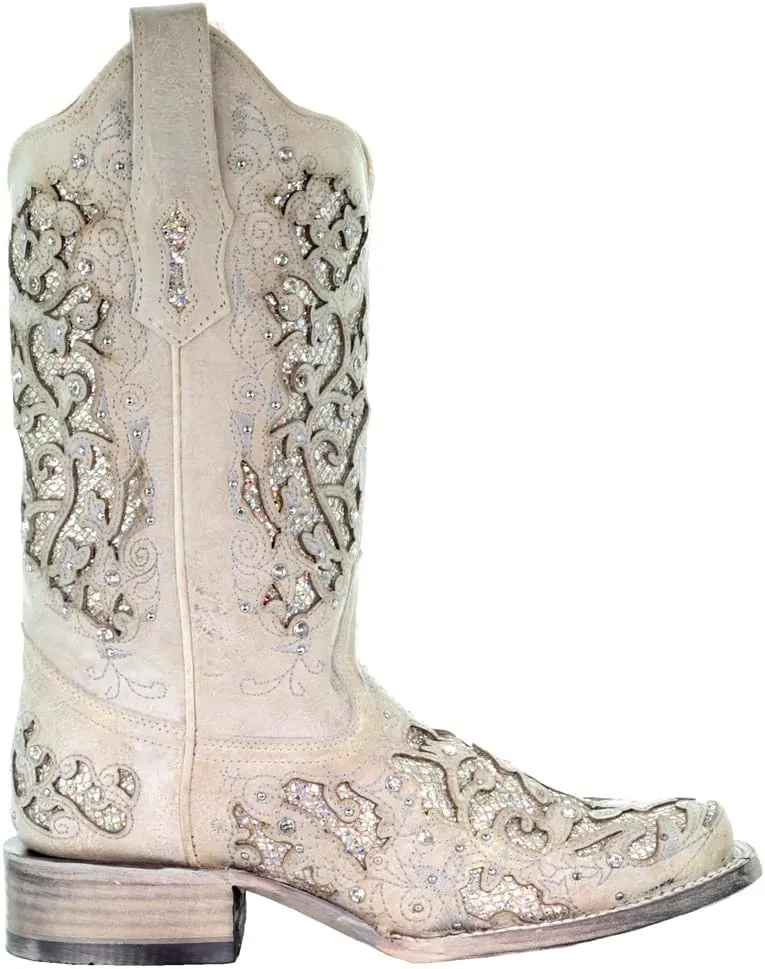 CORRAL Women's White Glitter and Crystals Cowgirl Boot Square Toe White 6 M US