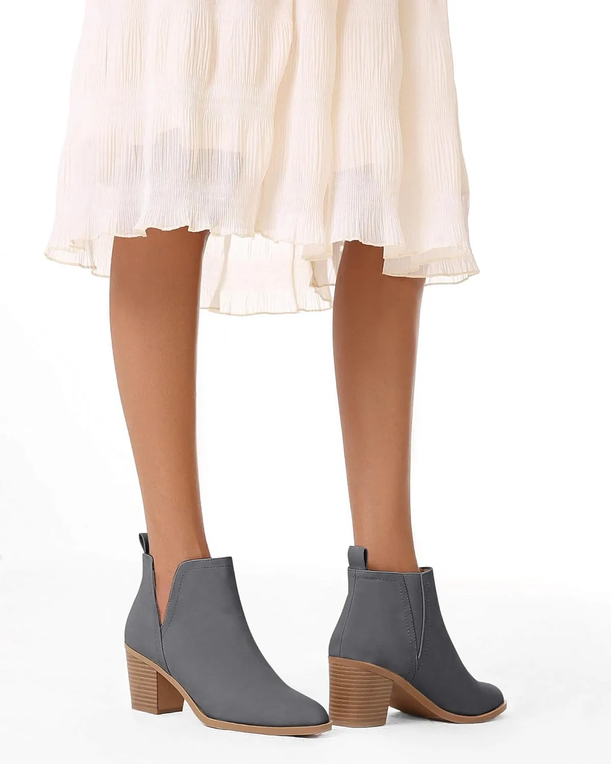 Coutgo Womens Cut Out Ankle Boots Chunky Stacked Heel Almond Toe Slip on Western Booties