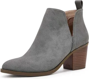 Coutgo Womens Cut Out Ankle Boots Chunky Stacked Heel Almond Toe Slip on Western Booties