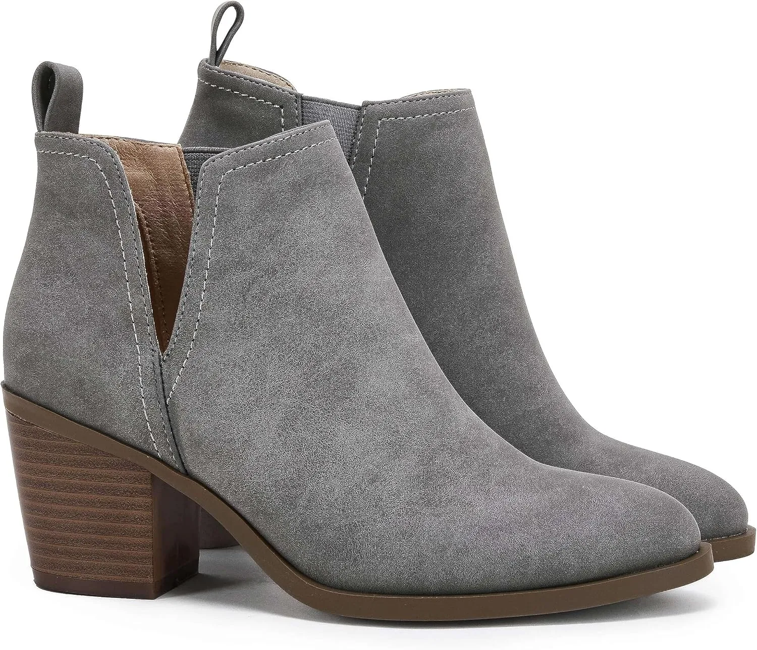 Coutgo Womens Cut Out Ankle Boots Chunky Stacked Heel Almond Toe Slip on Western Booties