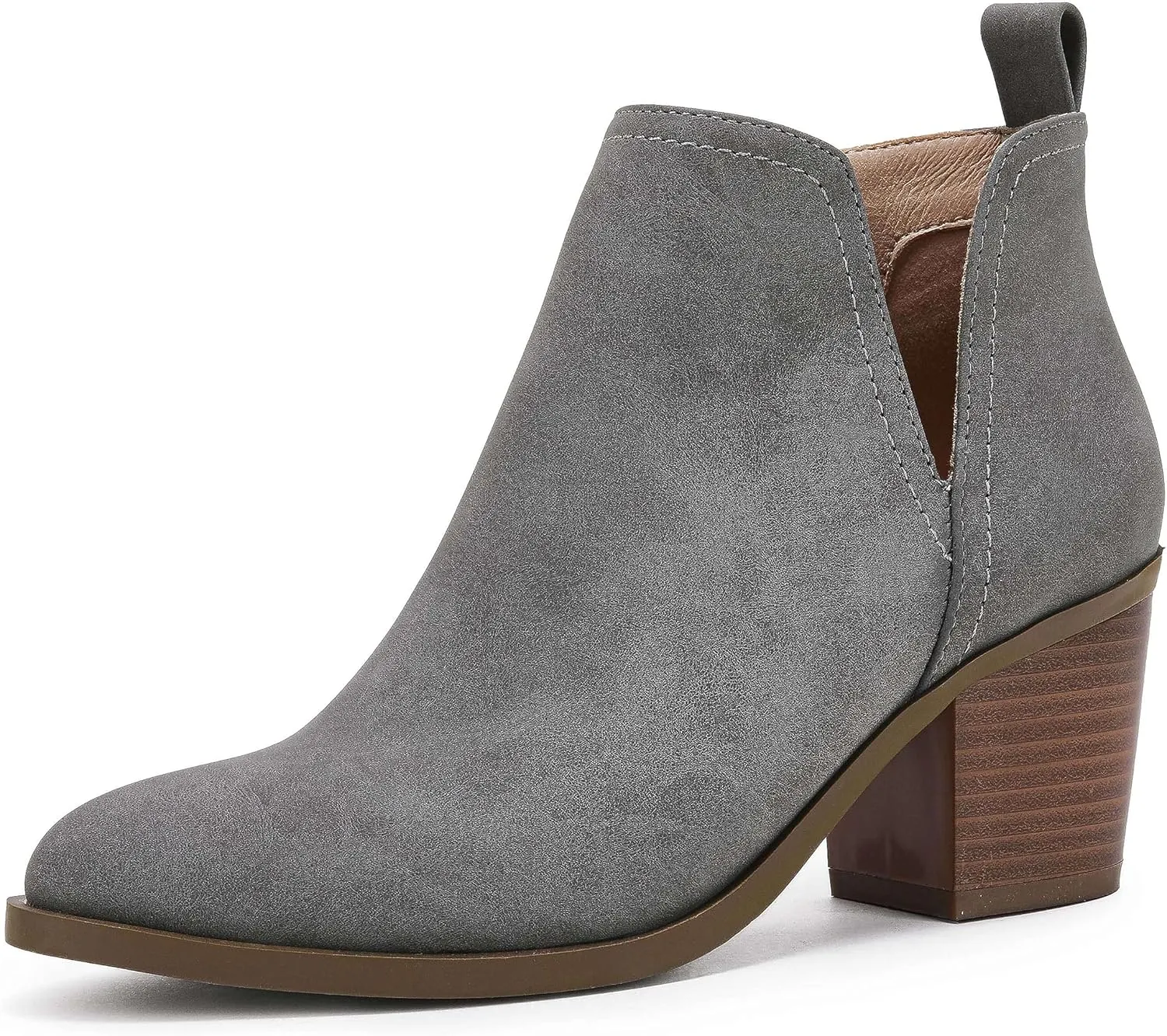 Coutgo Womens Cut Out Ankle Boots Chunky Stacked Heel Almond Toe Slip on Western Booties
