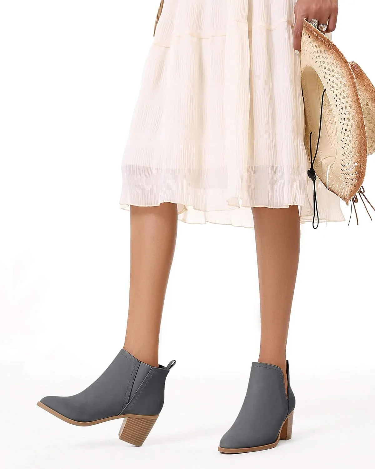 Coutgo Womens Cut Out Ankle Boots Chunky Stacked Heel Almond Toe Slip on Western Booties
