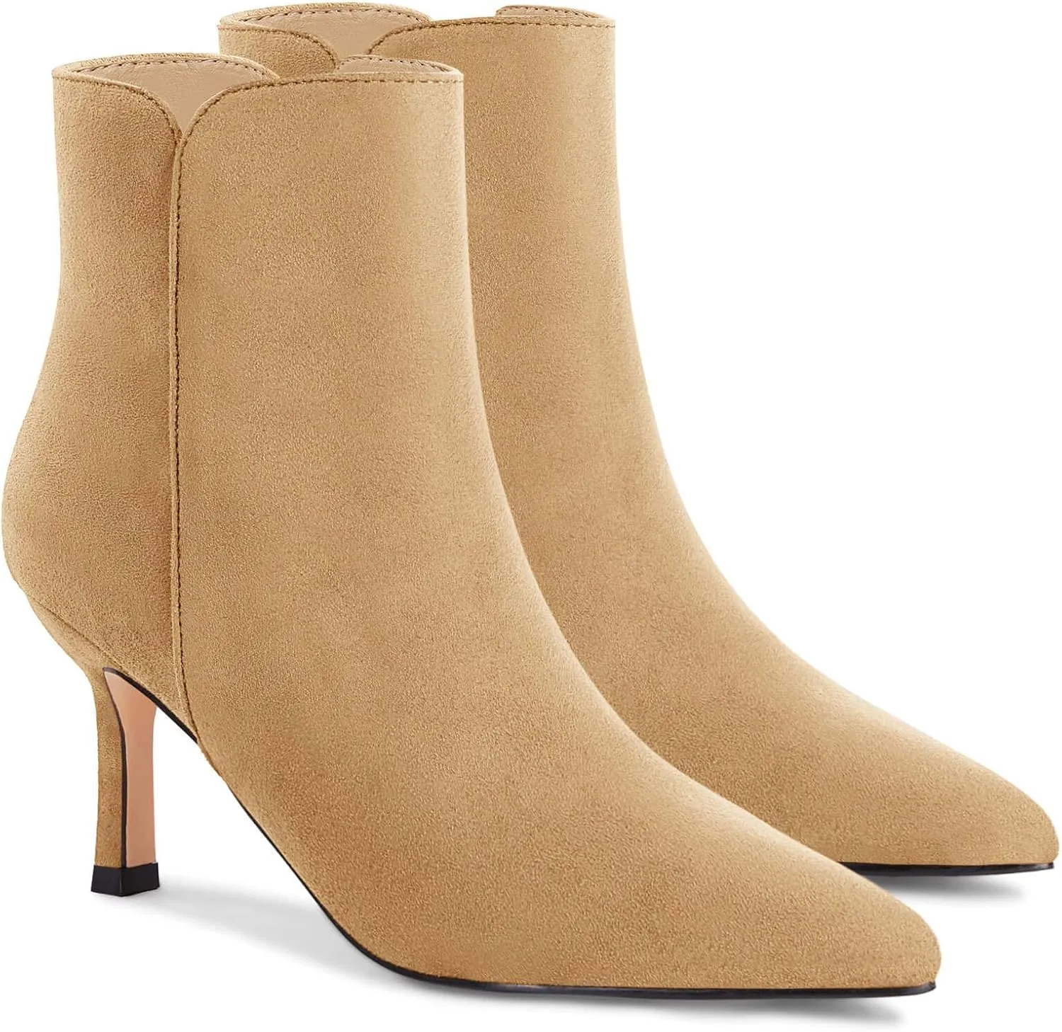 Coutgo Women's Kitten Heel Booties Pointed Toe Low Stiletto Side Zipper Ankle Boots Shoes