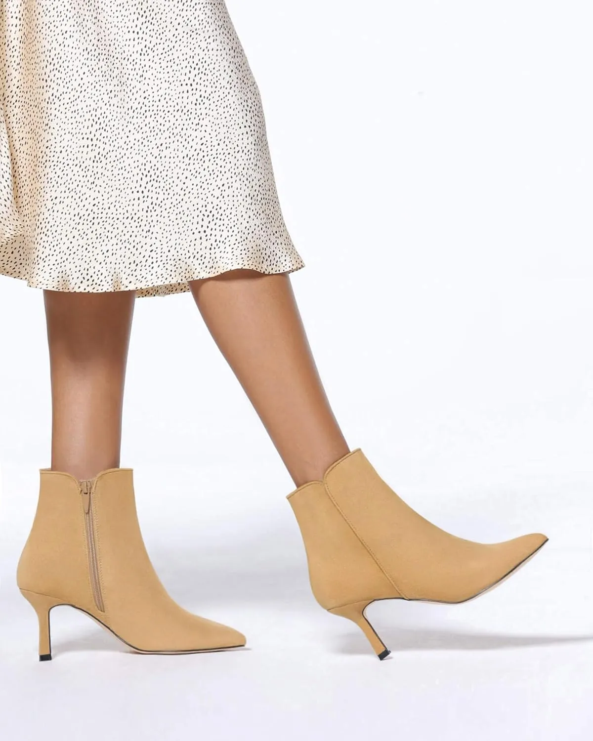 Coutgo Women's Kitten Heel Booties Pointed Toe Low Stiletto Side Zipper Ankle Boots Shoes