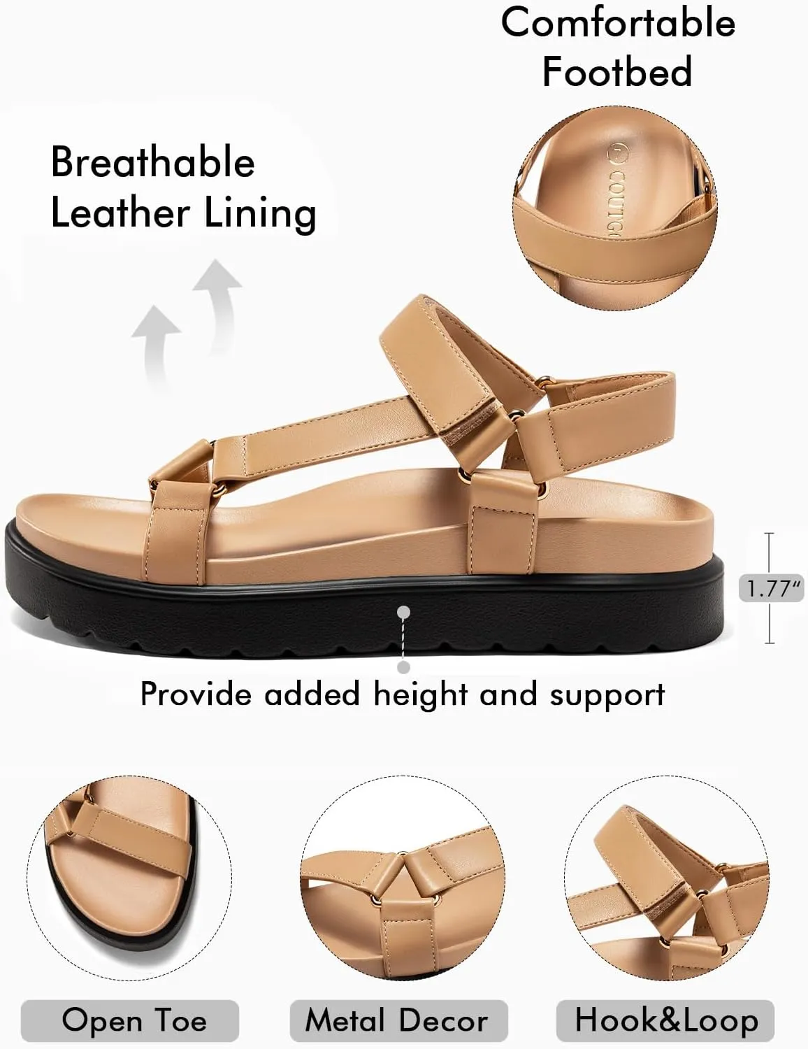 Coutgo Womens Platform Sandals Comfortable Arch Support Footbed Adjustable Ankle Strap Summer Beach Flat Sandals