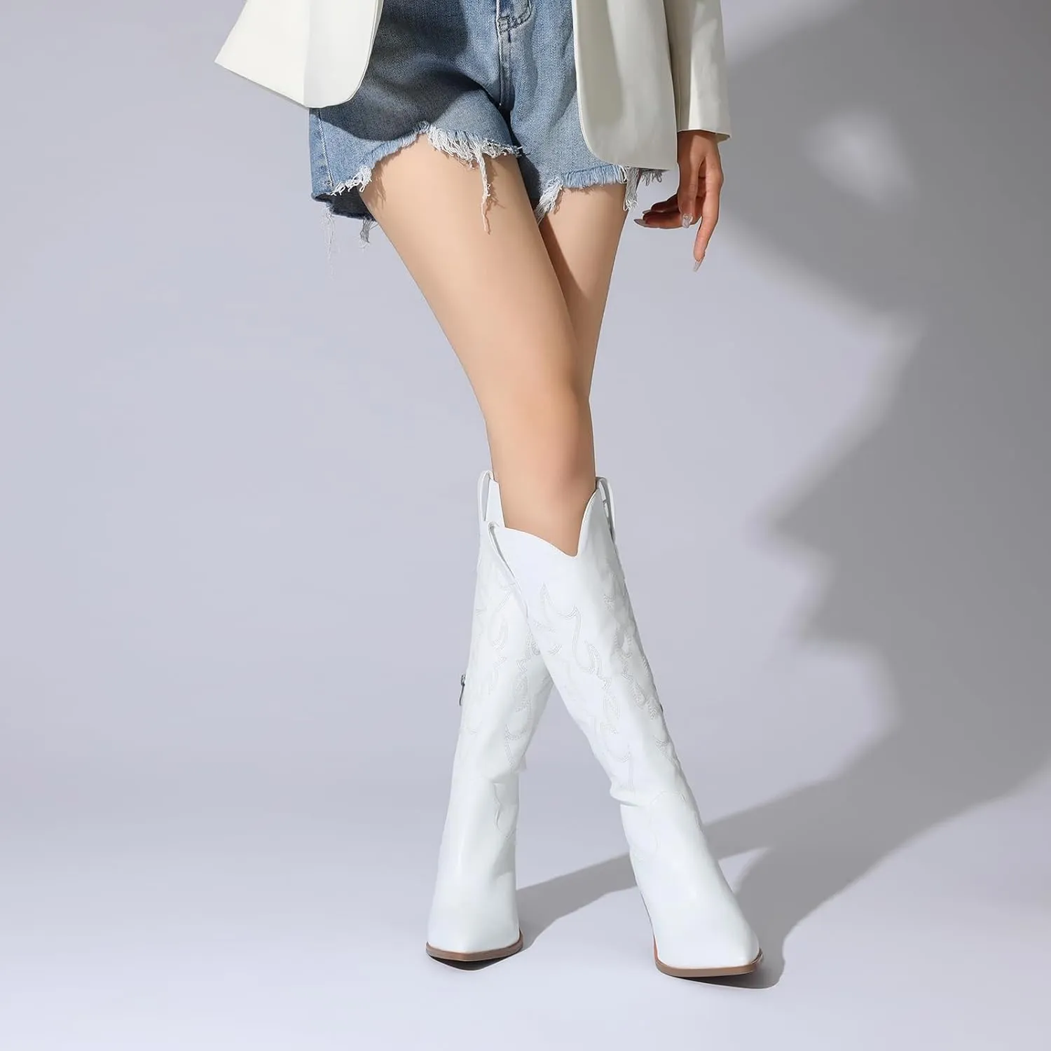 Cowboy Boots for Women Embroidered Pointy Toe Chunky Heeled Knee High Western Boots Shoes