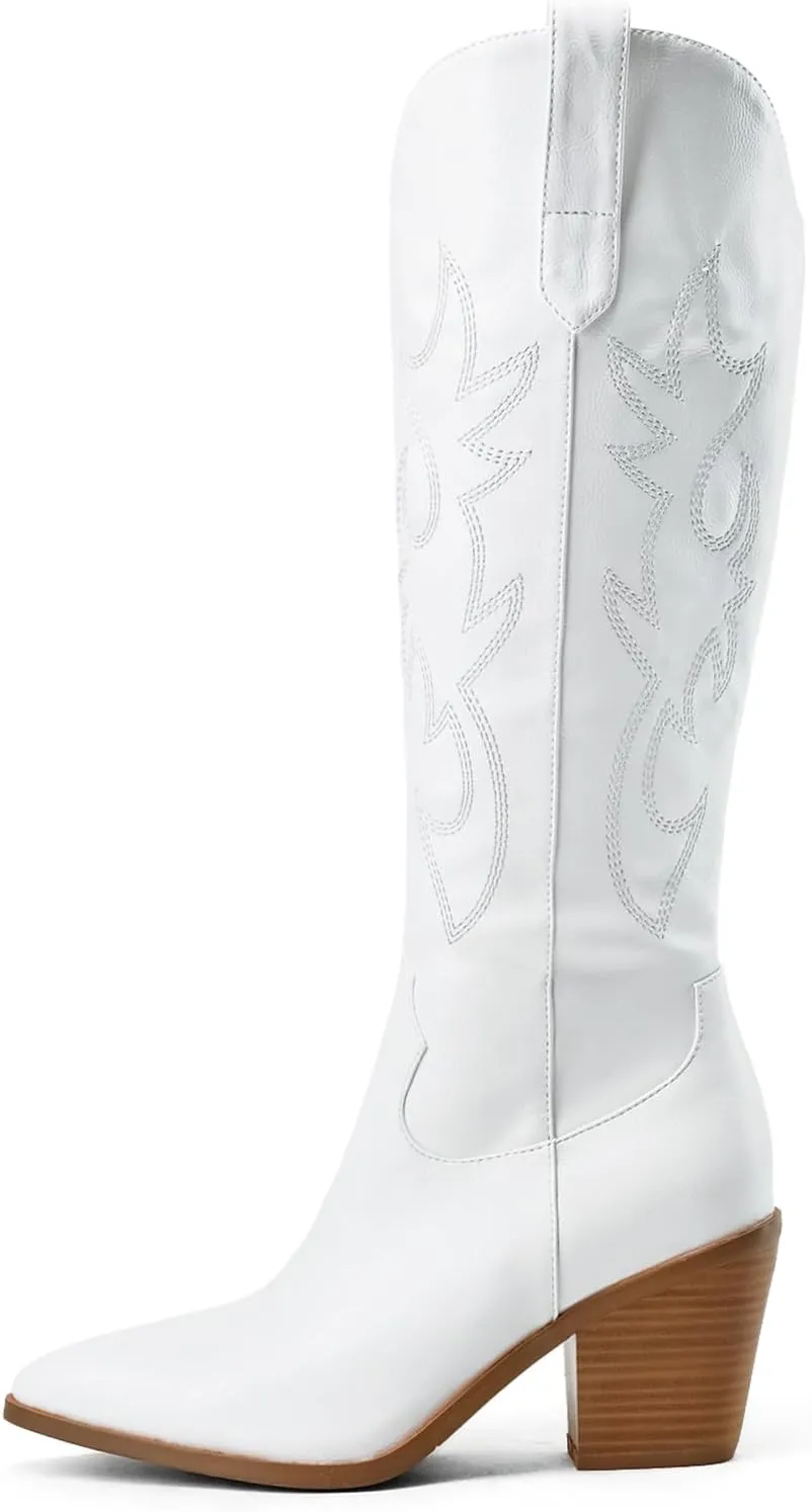 Cowboy Boots for Women Embroidered Pointy Toe Chunky Heeled Knee High Western Boots Shoes