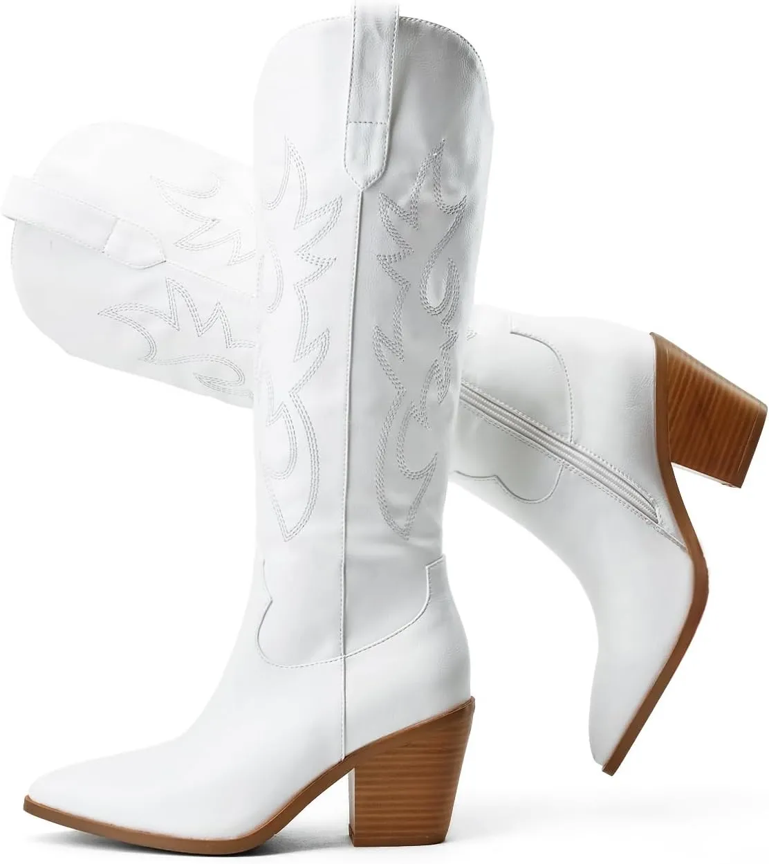 Cowboy Boots for Women Embroidered Pointy Toe Chunky Heeled Knee High Western Boots Shoes