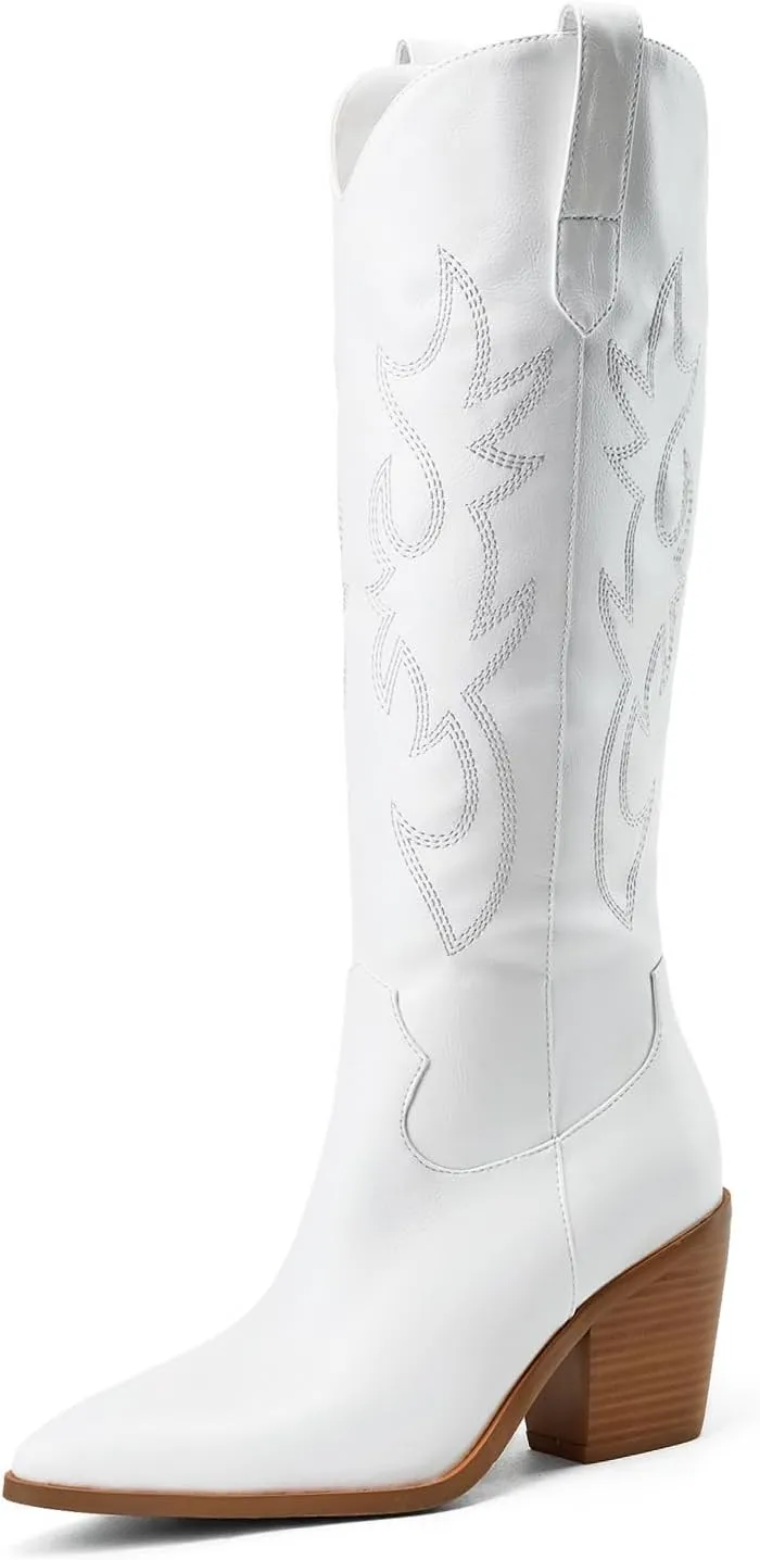Cowboy Boots for Women Embroidered Pointy Toe Chunky Heeled Knee High Western Boots Shoes