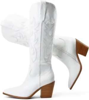 Cowboy Boots for Women Embroidered Pointy Toe Chunky Heeled Knee High Western Boots Shoes