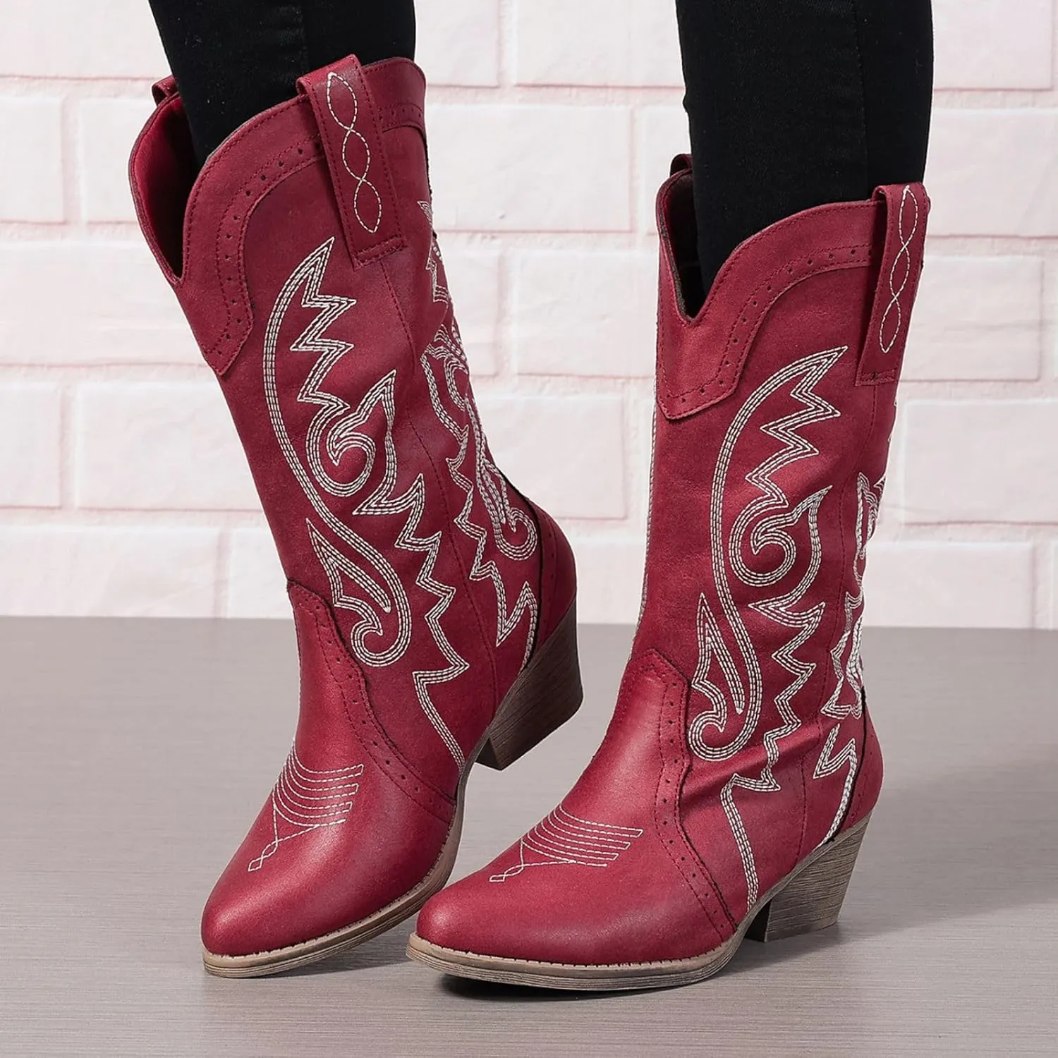 Cowboy Boots for Women Wide Calf Cowgirl Boots Pointed Toe Embroidery Stitched Fashion Western Boot Mid-Calf with Pull-on Tabs, US Size 5-11