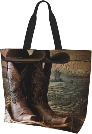 Cowboy Shoulder Bag with Black Hat Western Boots Printed for Women Casual Handbag Shopping Bag Black One Size, black, Einheitsgröße