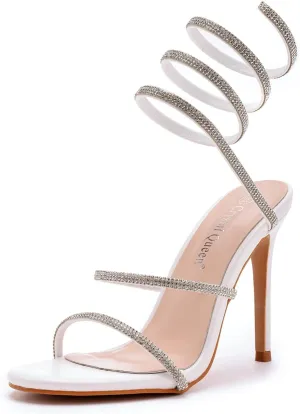 Crystal Queen 4.2 inches Rhinestone Stiletto Heels Sandals Peep Toe Sexy Women's Ankle Strap Bandage High Heel Sandals
