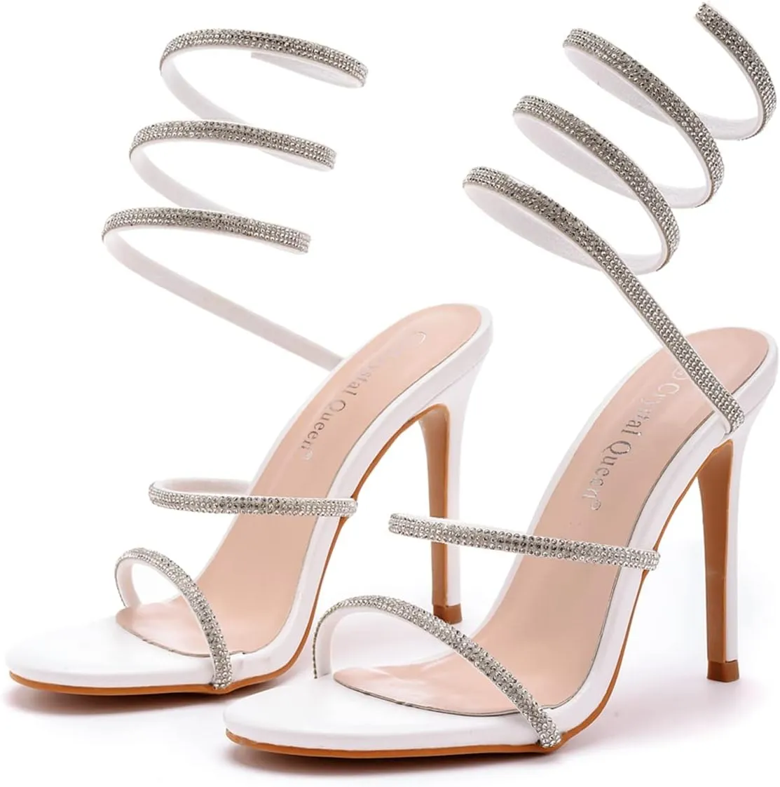 Crystal Queen 4.2 inches Rhinestone Stiletto Heels Sandals Peep Toe Sexy Women's Ankle Strap Bandage High Heel Sandals