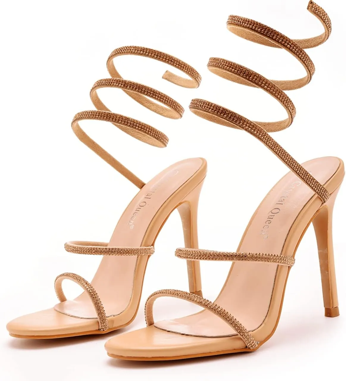 Crystal Queen 4.2 inches Rhinestone Stiletto Heels Sandals Peep Toe Sexy Women's Ankle Strap Bandage High Heel Sandals