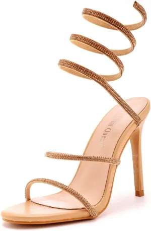 Crystal Queen 4.2 inches Rhinestone Stiletto Heels Sandals Peep Toe Sexy Women's Ankle Strap Bandage High Heel Sandals