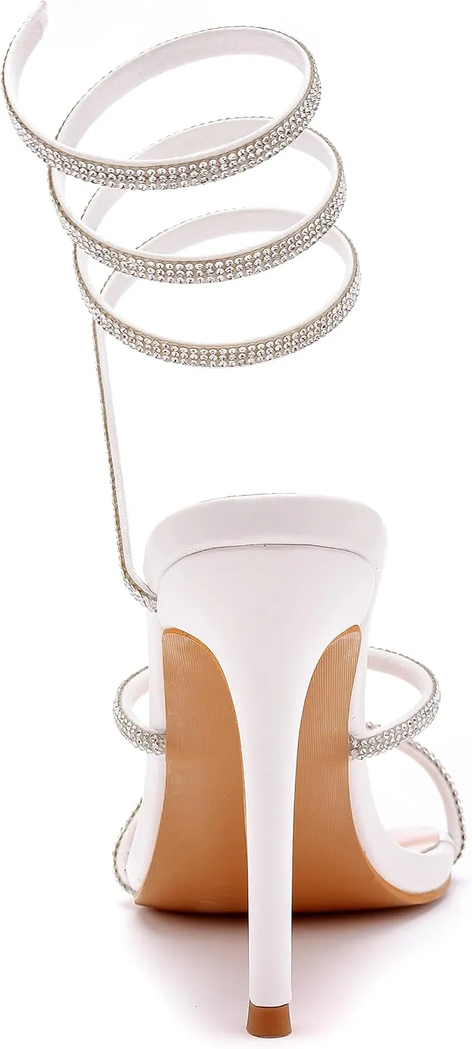 Crystal Queen 4.2 inches Rhinestone Stiletto Heels Sandals Peep Toe Sexy Women's Ankle Strap Bandage High Heel Sandals