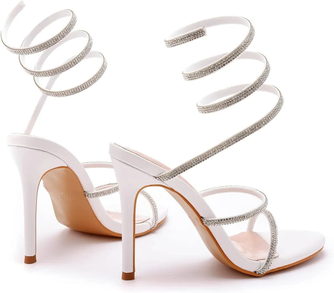 Crystal Queen 4.2 inches Rhinestone Stiletto Heels Sandals Peep Toe Sexy Women's Ankle Strap Bandage High Heel Sandals