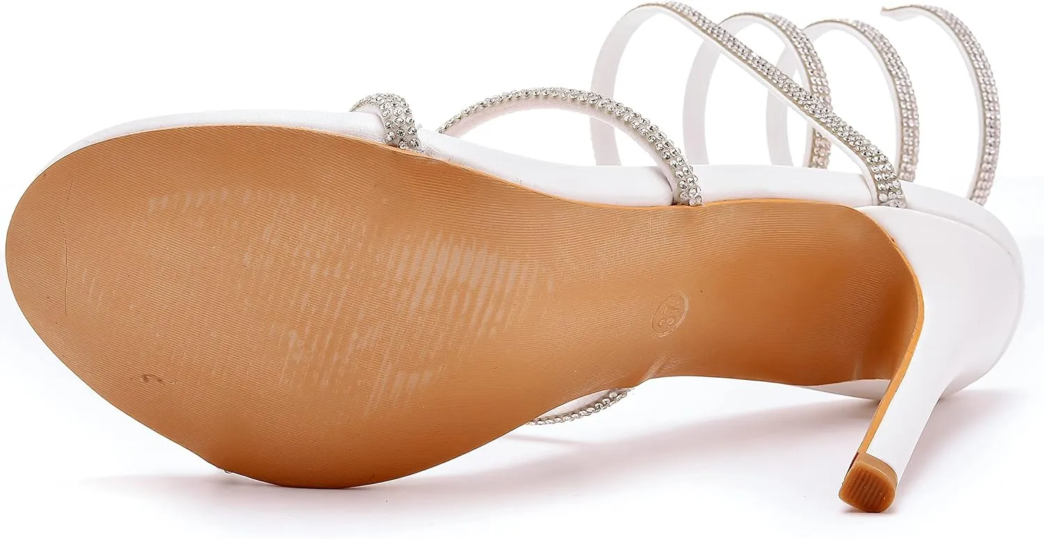 Crystal Queen 4.2 inches Rhinestone Stiletto Heels Sandals Peep Toe Sexy Women's Ankle Strap Bandage High Heel Sandals