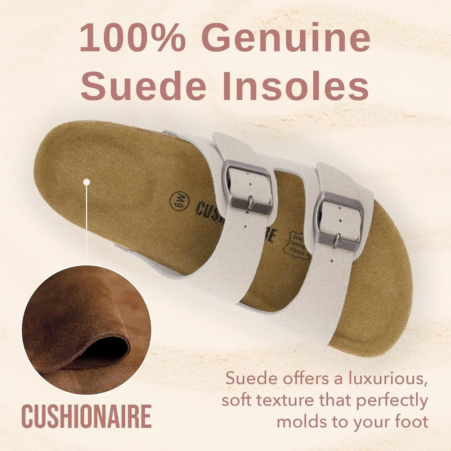CUSHIONAIRE Lane Cork Footbed Sandals for Women – Comfortable Double Buckle Slip-On with Genuine Suede Footbed & Arch Support Slides for Women Footwear