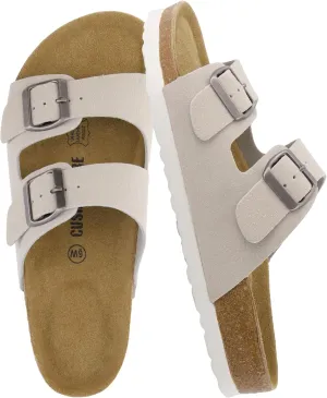 CUSHIONAIRE Lane Cork Footbed Sandals for Women – Comfortable Double Buckle Slip-On with Genuine Suede Footbed & Arch Support Slides for Women Footwear