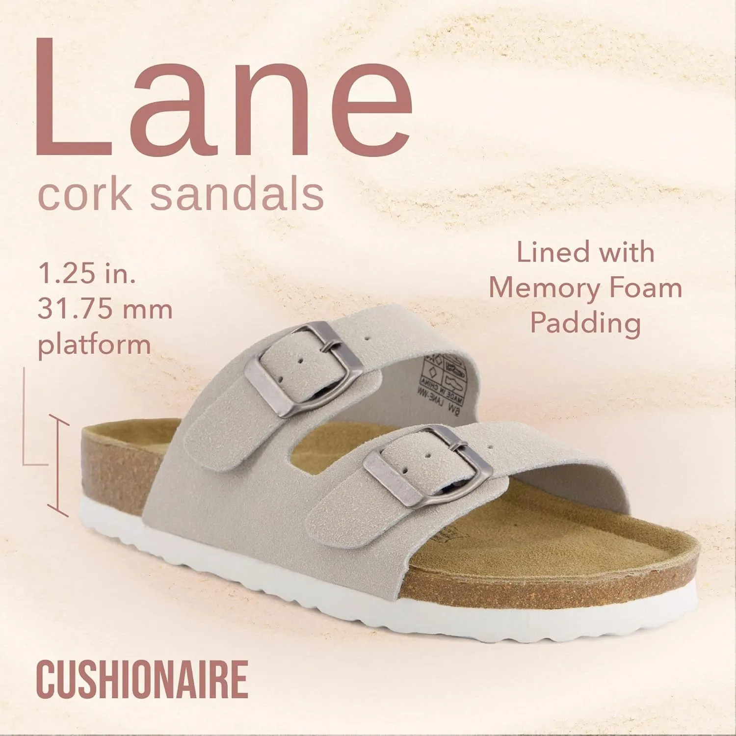 CUSHIONAIRE Lane Cork Footbed Sandals for Women – Comfortable Double Buckle Slip-On with Genuine Suede Footbed & Arch Support Slides for Women Footwear