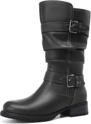 DECARSDZ Women's Fashion Mid Calf Black Boots For Women Dress Boot With Chunky Low Heel Style Zipper Comfort Booties