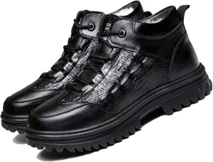 DESESE Men's Cowhide Crocodile Print Height Lifting Non-Slip Ankle Boots,Platform Warm Wool Inside Lacing Sneakers Comfortable Shoes