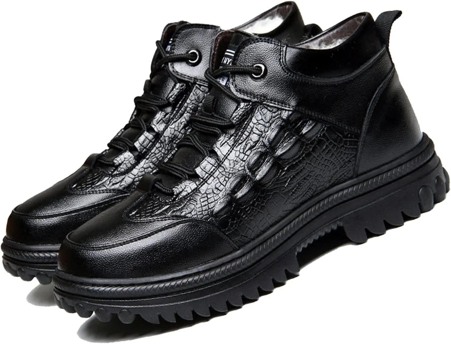 DESESE Men's Cowhide Crocodile Print Height Lifting Non-Slip Ankle Boots,Platform Warm Wool Inside Lacing Sneakers Comfortable Shoes